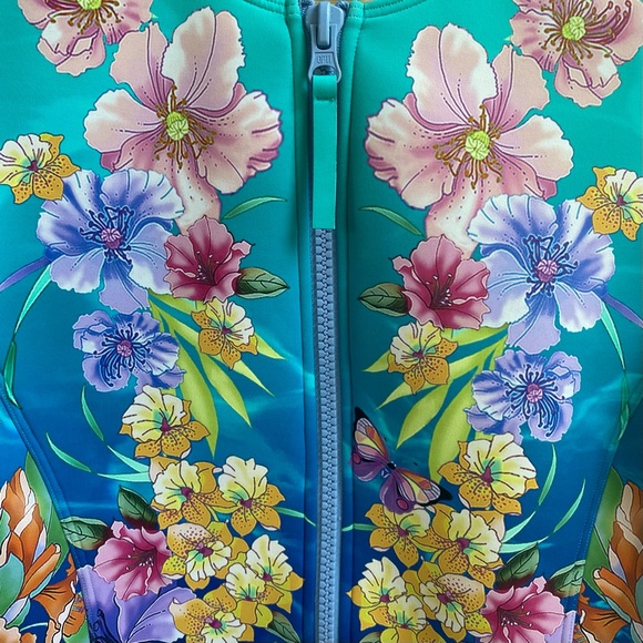 Johnny Was Swimsuit One Piece Zip Neoprene Blue Teal Tie Dye Floral Medium - Picture 2 of 13